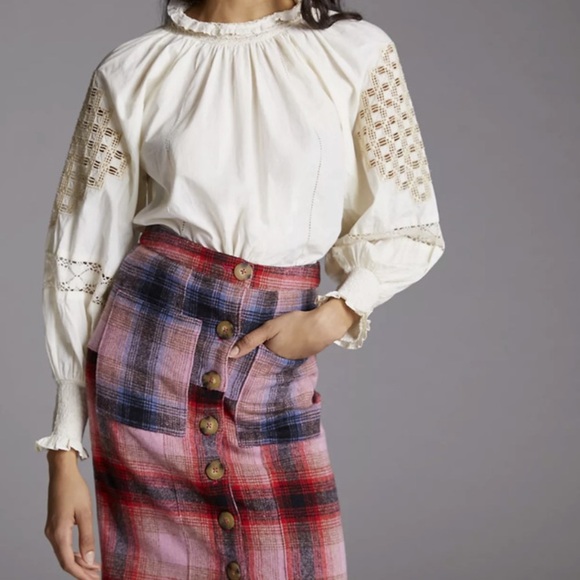 Anthropologie Maeve Fringed Pink Blue Plaid Button Mini Skirt 0 new - Picture 3 of 5